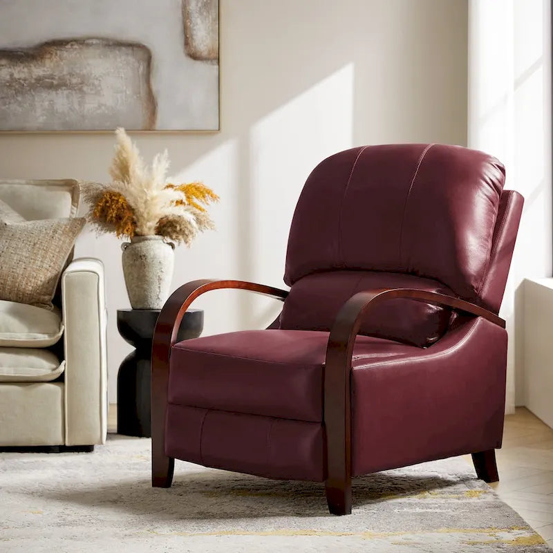 Alex Mid-century Modern Cigar Genuine Leather Manual Recliner with Wooden Curved Arms