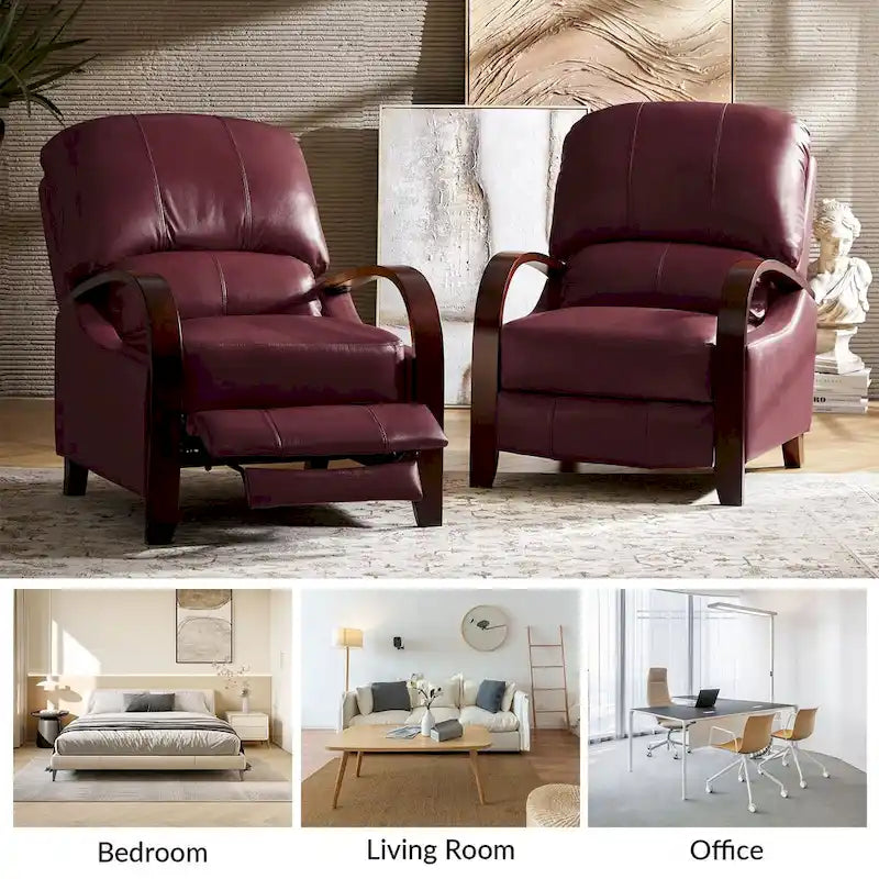 Alex Mid-century Modern Cigar Genuine Leather Manual Recliner with Wooden Curved Arms
