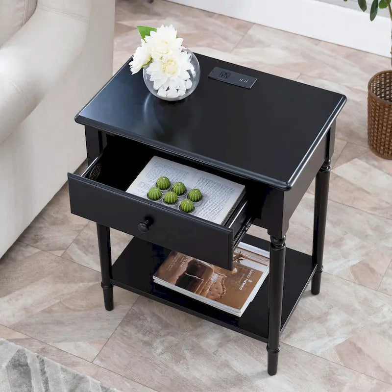 Coastal Charging Nightstand Side Table One Drawer