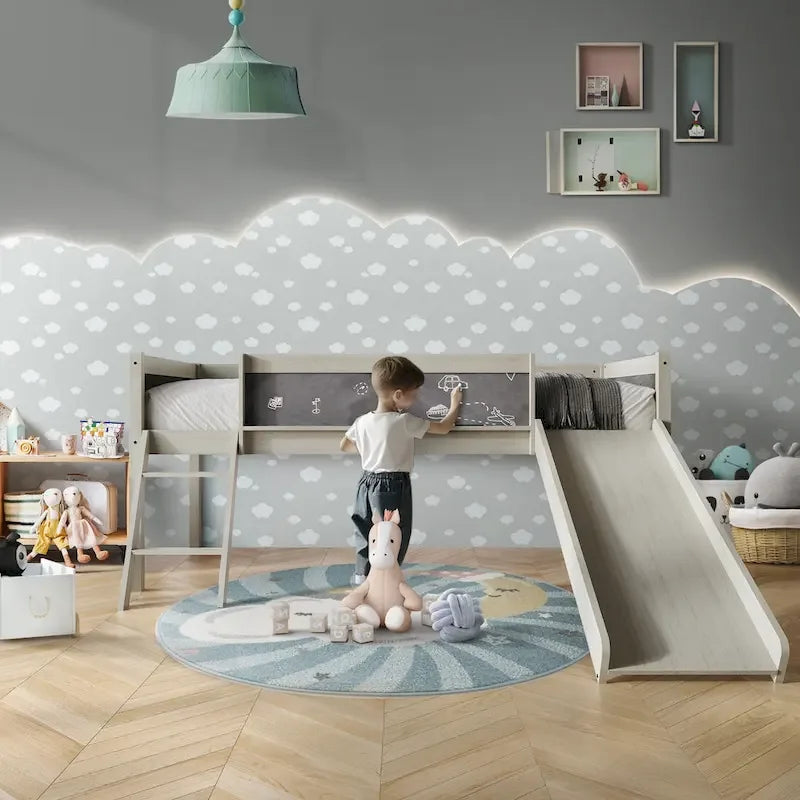 CraftPorch Classic Twin Low Loft Bed with Chalkboard, Slide and Ladder