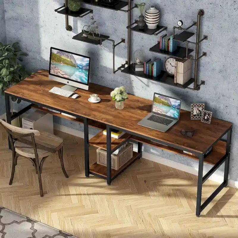 Two Person Desk with Bookshelf, Double Office Desk