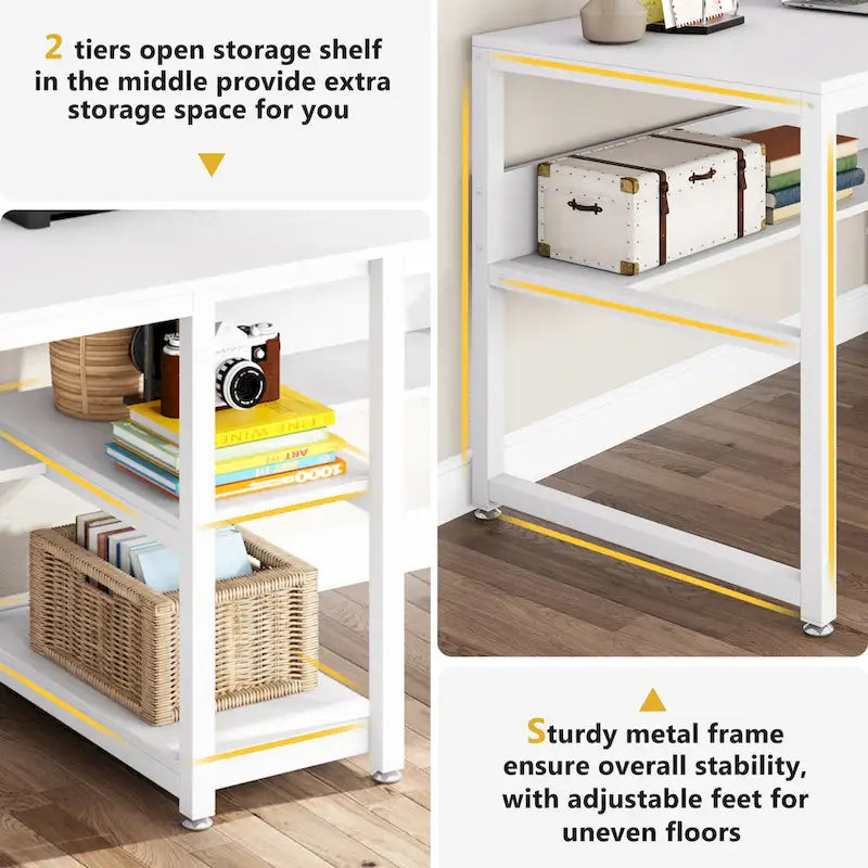 Two Person Desk with Bookshelf, Double Office Desk