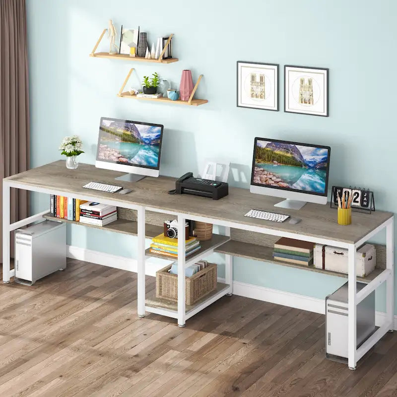 Two Person Desk with Bookshelf, Double Office Desk