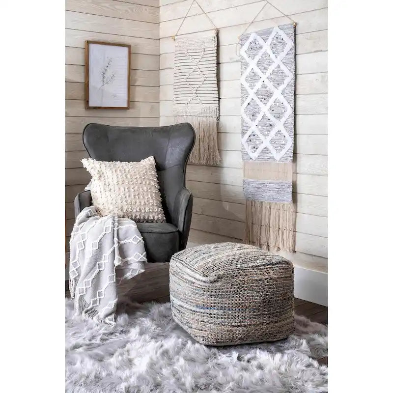 Nuloom Granada Knitted Casual Denim and Jute Ottoman Pouf