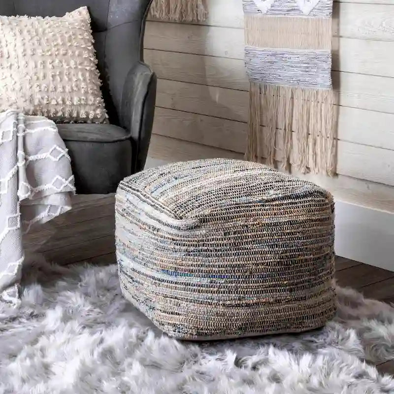 Nuloom Granada Knitted Casual Denim and Jute Ottoman Pouf