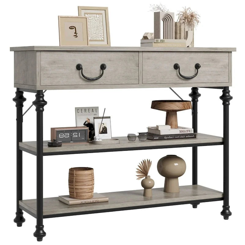 Narrow Console Table with Drawers and Shelves for Entryway