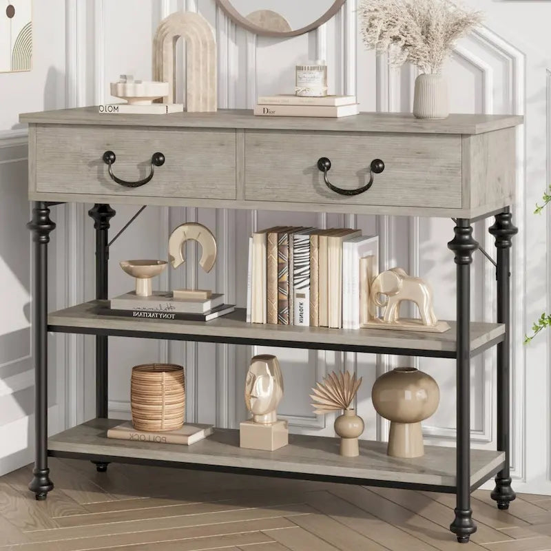 Narrow Console Table with Drawers and Shelves for Entryway