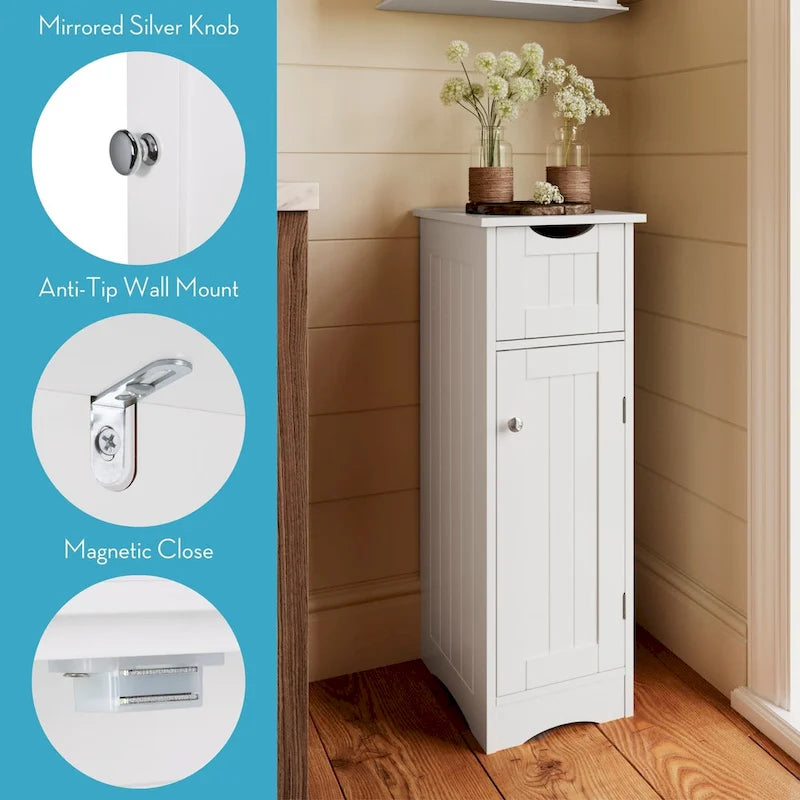 RiverRidge Ashland Single Door Narrow Bathroom and Laundry Storage Cabinet with Drawer and Adjustable Shelves - White