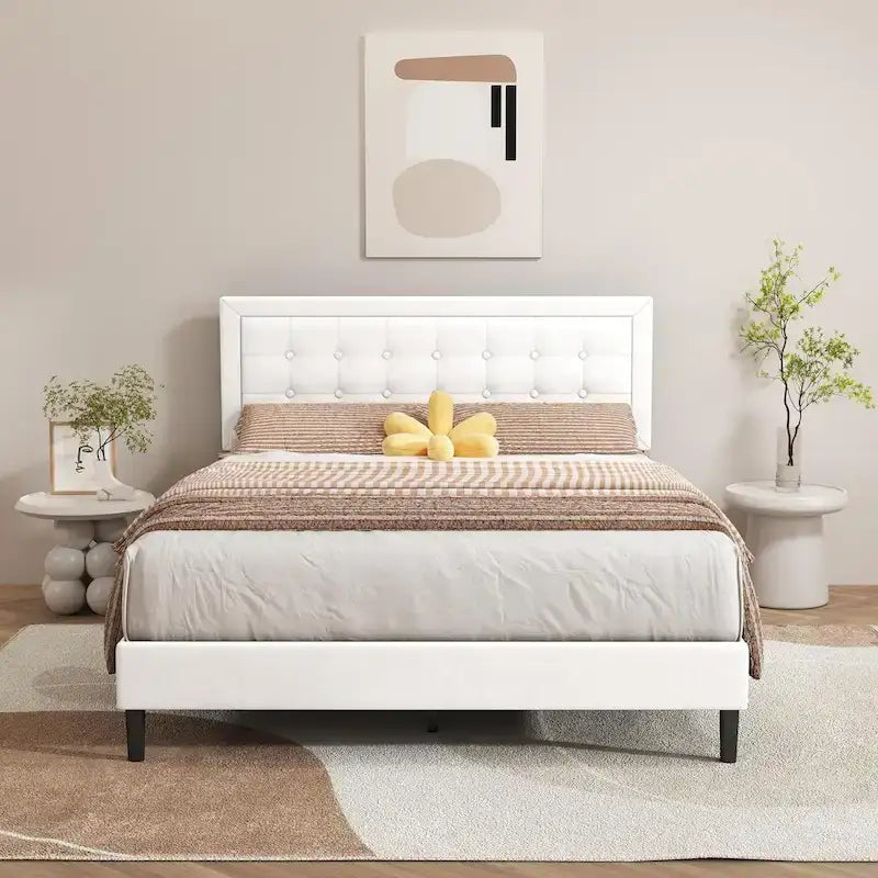 alazyhome Upholstered Platform Bed Frame with Button Tufting Headboard