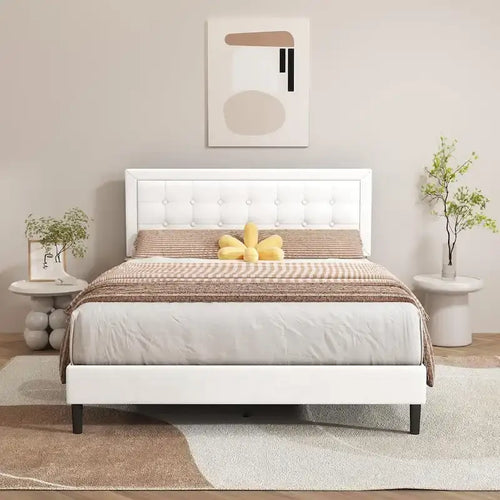 alazyhome Upholstered Platform Bed Frame with Button Tufting Headboard